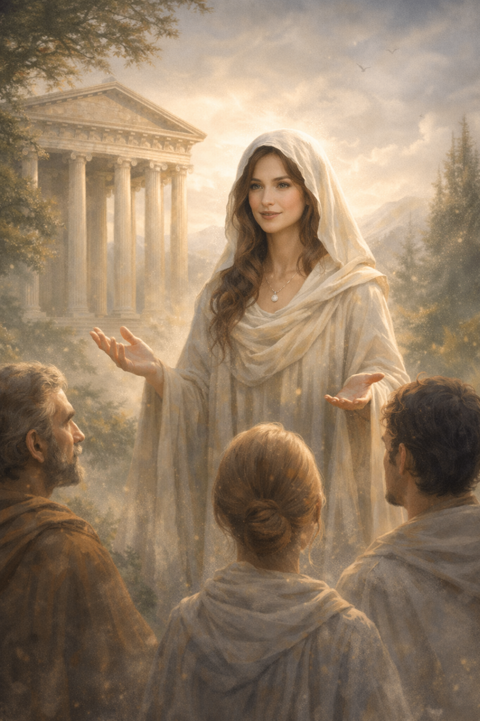 Sophia teaching before a sunlit temple
