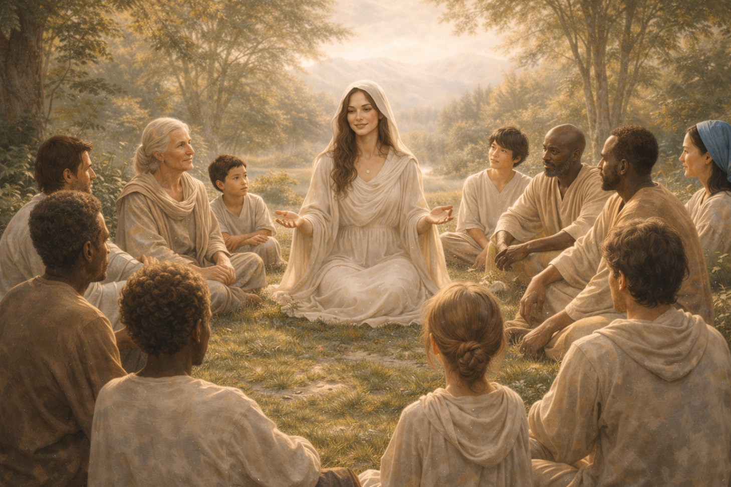 Sophia sharing wisdom in a sunlit circle
